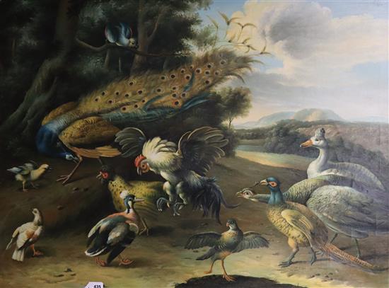 After Hondecoeter, oil on canvas, Peacock and poultry in a landscape, 91 x 122cm, unframed